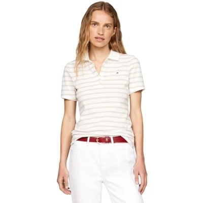 Image of Tommy Hilfiger 1985 SLIM Stripe Polo shirt, Women&#039;s, Size: Small, Ecru/classic beige