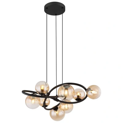 Image of Tuberius Globe Pendant Ceiling Light Matt Black Amber Glass Shade 8x G9 3000K