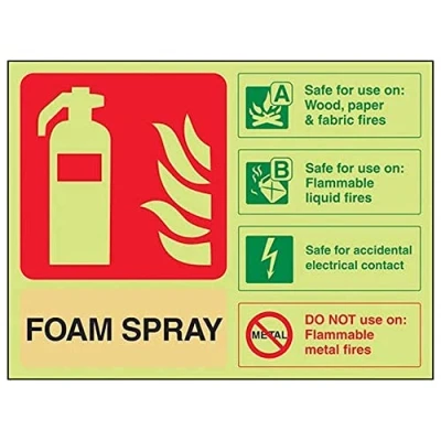 Image of V Safety Glow In The Dark Foam Spray Id Electrical Safe Fire Extinguisher Sign 200mm x 150mm Self Adhesive Vinyl