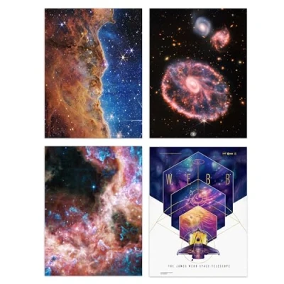 Image of Artery8 Pack of 4 NASA James Webb Space Telescope Images Cosmic Cliffs Carina Nebula Cartwheel Galaxy Tarantula Unframed A4 Wall Art Living Room Prints Set
