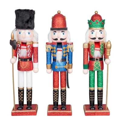 Image of SHATCHI 38cm Assorted Wooden Christmas Nutcrackers 3pcs Set Soldiers King Puppet Figurines Xmas Home Decoration Ornament