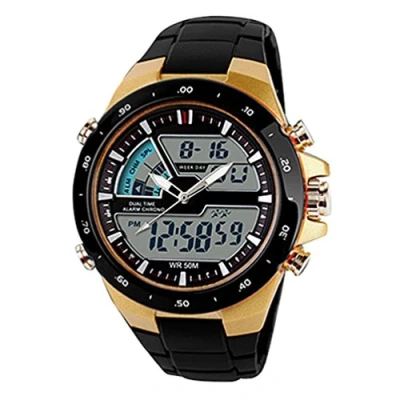 Image of SKMEI Mens Dual Dial Timezone Digital Analog Sports Watch 96 FT Water Resistant Wrist (Gold)
