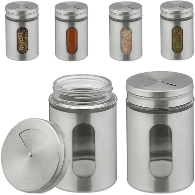 Image of Relaxdays spice shakers, set of 6, 3 shaker sizes, spices and herbs, XL jars, 290 ml, glass stainless steel, silver