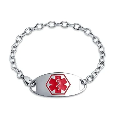 Image of Bling Jewelry Identification Medical ID Bracelet Blank Miami Cuban Link Chain for Women Silver Tone Stainless Steel 7.5 Inch