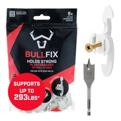 Image of Bullfix Extra Plasterboard Fixings Heavy Duty Starter 8 Pack, Drywall Anchor, Wall Plug Alternative for Dot &amp; Dab, Stud Hollow Cavity Anchor Kit with Screws