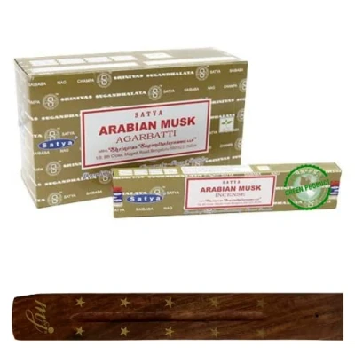 Image of Original Satya Nag Champa Arabian Musk incense sticks with M&amp;J holder Full Box for Aromatherapy, Spa, Yoga, Weddings, Meditation, Healing, Positivity and Relaxation