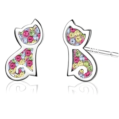 Image of Kaguyo Silver Cat Earrings for Women 925 Sterling Rainbow Multi Zirconia Cute Stud and Girls Birthday Gift