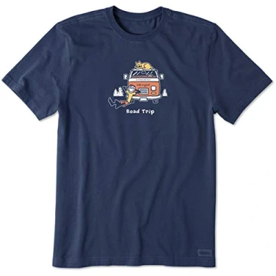 Image of Life Is Good Men&#039;s Crusher Tee, Short Sleeve Cotton Graphic T Shirts, Jake and Rocket Road Trip, Darkest Blue, S