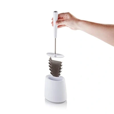 Image of Minky Toilet Brush &amp; Holder, Silicon Head Stainless Steel Handle, Sturdy Oval Shaped Base, Deep Cleaning Set With Non Slip White Light Grey, Made in the UK