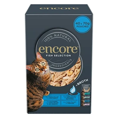Image of Encore 100% Natural Wet Cat Food, Multipack Fish Selection in Broth 4 x 10 70g (Total 40 Pouches)