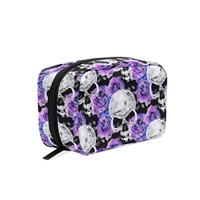 Image of Makeup Pouch Sugar Skull Purple Rose Print Cosmetic Toiletry Bag Storage Large Travel Handle Personalised with Compartments for Teenage Girl Women Lady