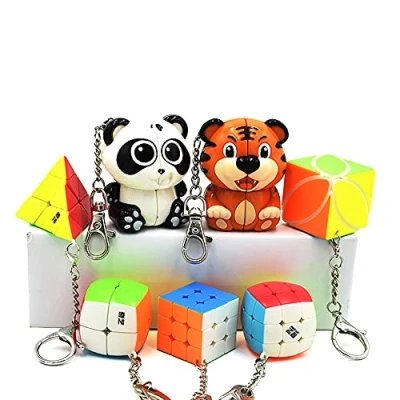 Image of Yealvin Mini Cubes Keychain Set, Cube Bundle of 2x2 3x3 3x3x3 Small Bread Tiger Panda Pyraminx and Ivy (7 Pack)