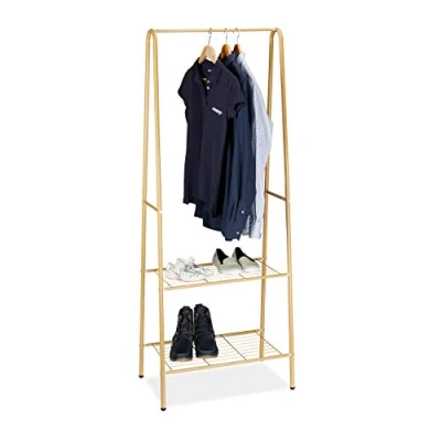 Image of Relaxdays Coat Rack with Shoe Storage SANDRA, Metal, Wide, Clothes Rail, 2 Shelves, HxWxD: 160 x 61.5 38 cm, Brown