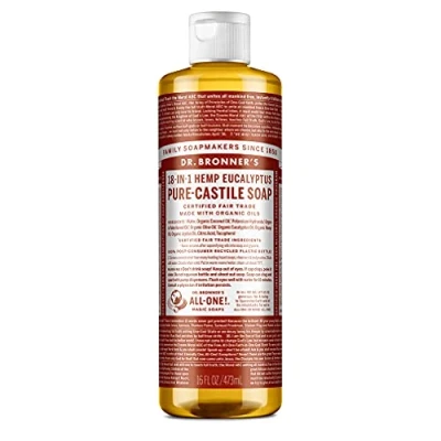 Image of Dr Bronner&#039;s 18 in 1 Eucalyptus Pure Castile Liquid Soap, Made with Organic Oils, Used for Face, Body, Hair, Laundry, Pets and Dishes, Certified Fair Trade &amp; Vegan Friendly, 473ml Recycled Bottle
