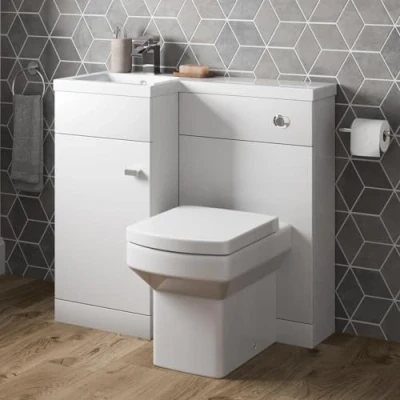 Image of 900mm L Shape Bathroom Vanity Sink Unit Furniture Storage, Left Hand High Gloss White + Basin Ceramic Square Toilet with Concealed Cistern