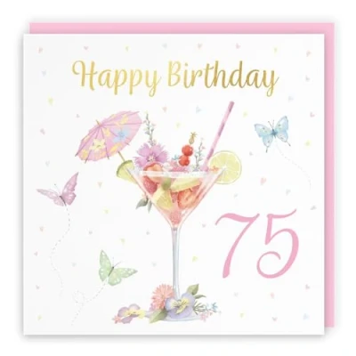 Image of Hunts England Pink Cocktail And Butterflies Elegant 75th Birthday Card Luxury Gold Foil Milo&#039;s Gallery Age 75 Female For Year Old Seventy Five Her