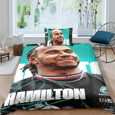 Image of EOASNRTCB Duvet Cover Lewis Hamilton Bedding Set 3D Printed, Quilt with Zipper Closure F1 Racing Kids Set, Single（135x200cm） + Pillowcases