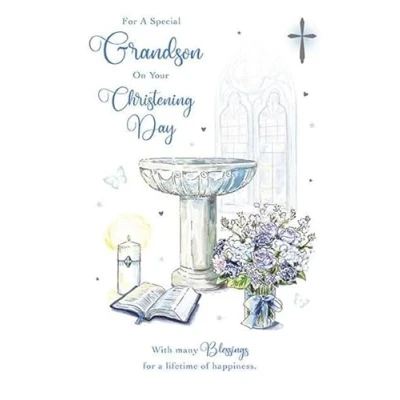 Image of Paper Rose Special Grandson Christening Congratulations Card Bible, Flowers and Font with Foil Details Eco Friendly Recyclable