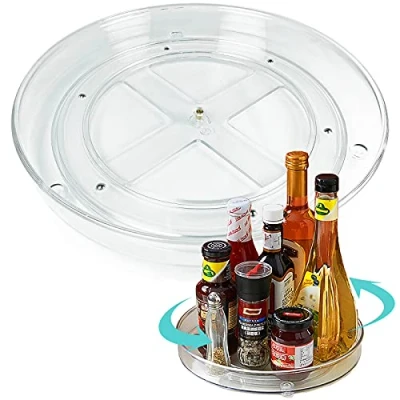 Image of Skupro Lazy Susan Turntable Cupboard Organizer, Kitchen Rotating Spice Rack, Non Slip Condiment Holder, Pantry Plastic Storage Tray Organiser (Transparent)