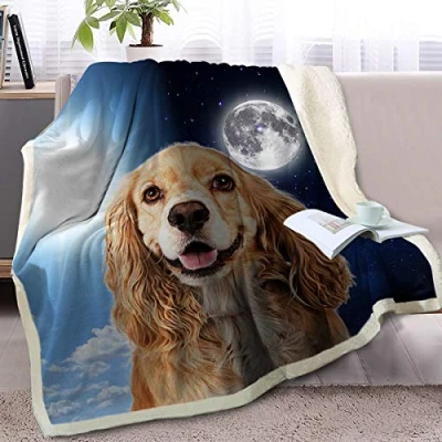 Image of BlessLiving Fuzzy Dog Blanket For Kids Adults Sun and Moon Print Fleece Reversible Animal Pattern Sherpa Throw Travel/Single (Cocker Spaniel,130x150cm)