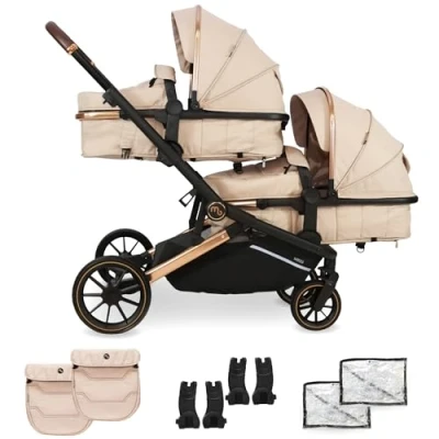 Image of My Babiie MB33 Tandem Pushchair Birth to 15kg Double Stroller, Twin Seat Units Convert Carrycot, 11 Configurations, Duo Includes Car Adapters, Rain Covers Giraffe