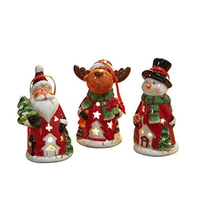 Image of Set of 3 Led Hanging Christmas Tree Ornaments Santa Reindeer Snowman Ceramic