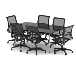 Image of High Gloss 1800mm Writable Boardroom Table Black + 6 Mesh Chairs