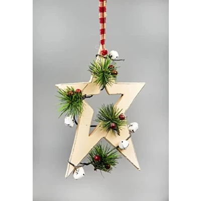 Image of SHATCHI 26cm Cream Wooden Star Wall Hanging Ornament Decorated with White Bells Berries and Pines Christmas Holiday Home Decorations, 18x1.2x26 cm