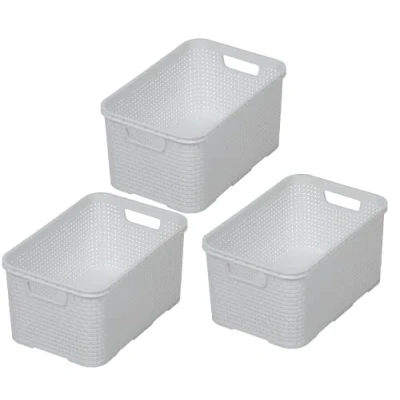 Image of BranQ Home essential Basket in Rattan Design Set of 3 Size M 10 L BPA Free Plastic PP White 28.8 x 19.7 16.2 cm