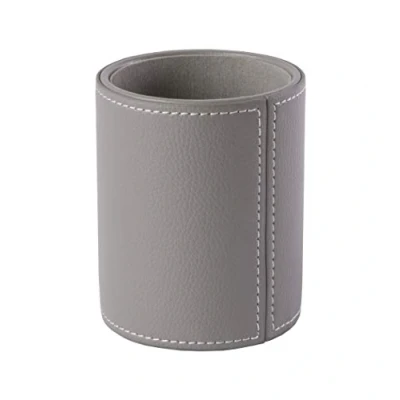 Image of OSCO Grey Faux Leather Pen Pot Pencil Holder Desk Tidy Office Organiser Makeup Storage Cosmetics Display H10.5 x W8.7 D8.7 cm