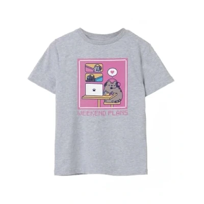 Image of Pusheen Girls T Shirt Grey Weekend Plans Cat Graphic Tee for Kids Adorable Short Sleeved Internet Top Comfortable &amp; Stylish Cute Daywear Merchandise Gift Children Teens