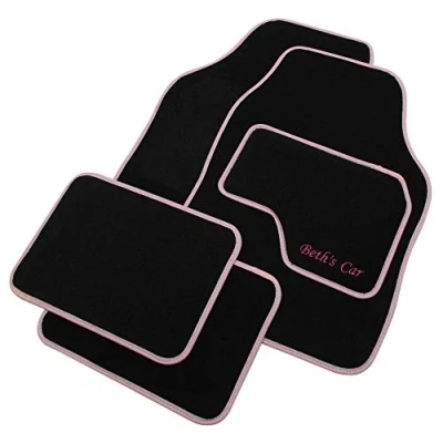 Image of JVL Personalised Universal Black Carpet Car Mat Set with Pink Embroidered Drivers