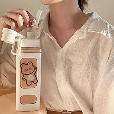 Image of DKIIL NOIYB 700ml Kawaii Bear Water Bottle With Straw Plastic Portable Square Drinking Large for Girl Cute Juice Tea Cups (With Sticker)