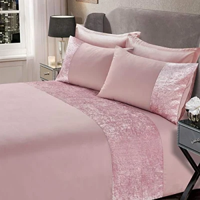 Image of Sienna Crushed Velvet Panel Band Duvet Cover with Pillow Case Bedding Set Blush Pink, Single