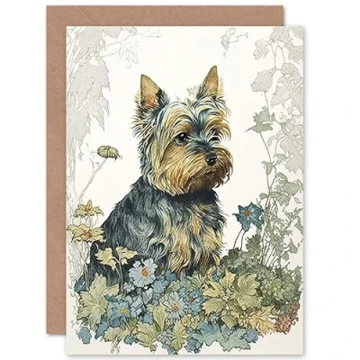 Image of Artery8 Yorkshire Terrier Dog in Wildflowers Watercolour Illustration Art Birthday Sealed Greeting Card Plus Envelope Blank inside