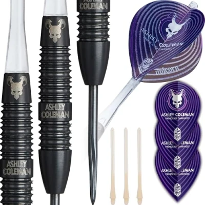 Image of Unicorn Darts Set Global Ashley &#039;Prince of Darkness&#039; Coleman 90% Tungsten Barrels with Black Coating &amp; Intricately Machined Grip Rings Ultrafly Flights Steel Tip Volute Points 26 g