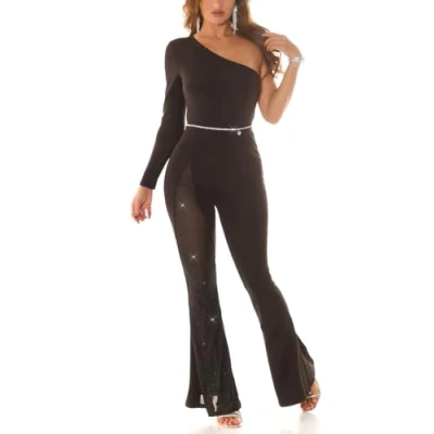 Image of Koucla New Year&#039;s Eve One Shoulder Long Jumpsuit Overall with Glitter Mesh and Flare L