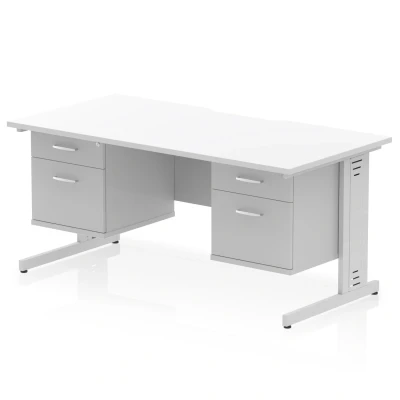 Image of Impulse 1600 x 800mm Scalloped Edge Office Desk White Top Silver Cable Managed Leg Workstation 2 Drawer Fixed Pedestal