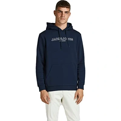 Image of JACK &amp; JONES Men&#039;s Hooded Sweatshirt Pullover Logo Printed Sweat Hoodie Navy BlazerS