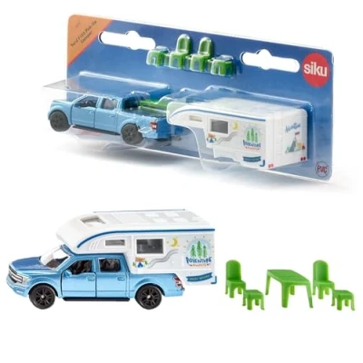 Image of siku 1693, Ford F150 Pick Up Camper, Metal/Plastic, Blue/White, Chairs, stool and table, Extendable awning