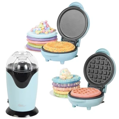 Image of Giles &amp; Posner COMBO 8148 Pastel Treat Set Dessert with Waffle Maker, Electric Popcorn Mini Snack Maker for Pancakes, Non Stick Cooking Plates, Easy to Clean, Sweet Savoury Treats, Blue