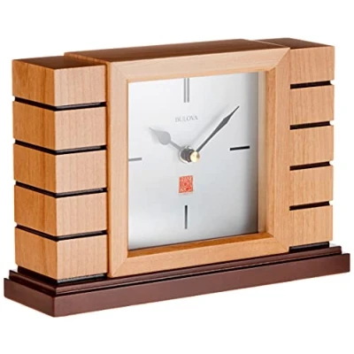 Image of Bulova B1659 Usonian II Frank Lloyd Wright Mantel Clock, hardwood, Natural Finish with Walnut Stain Base