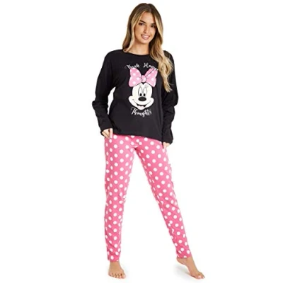 Image of Disney Stitch Womens Pyjamas Set Nightwear Eeyore Minnie Mouse Long PJs Lounge Wear Women Teenagers S 2XL Gifts (Black/Pink Minnie, XL)
