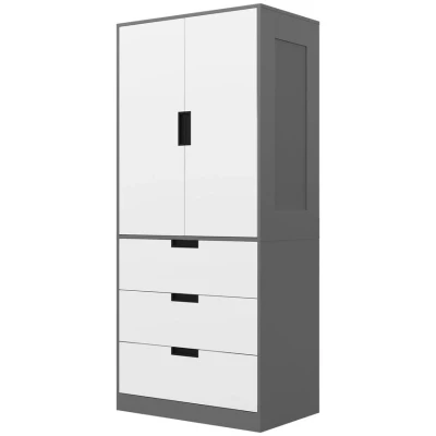 Image of HOMCOM 2 Door Wardrobe, Modern Wardrobe with 3 Drawers and Hanging Rod for Bedroom, Grey