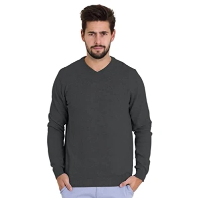 Image of Mens Sweater Pullover V Neck Knitted New Cotton Casual Long Sleeve Jumper Top (Dark Grey, S)
