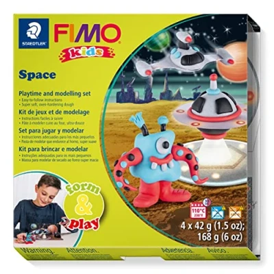 Image of STAEDTLER 8034 17 LZ FIMO Kids Form&amp;Play Playtime &amp; Modelling Polymer Clay Set &quot;Space Monsters&quot; (Pack of 4 Blocks, Stickers, Tools Background Scene)