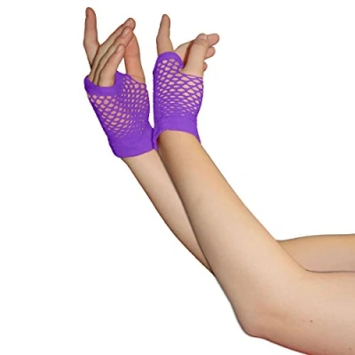 Image of Crazy Chick New Ladies Girls Short Fishnet Gloves Assorted Colours Fingerless Gloves, Party Fancy Dress Tutu Neon (Purple)