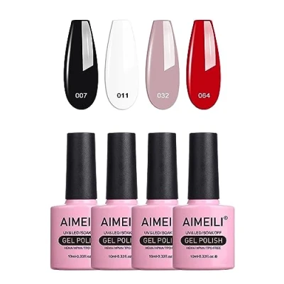 Image of AIMEILI Hema Free Gel Nail Polish Set Soak Off UV LED Black White Nude Red Multicolour/Mix Colour/Combo Colour Of 4pcs X 10ml Gift Kit 19