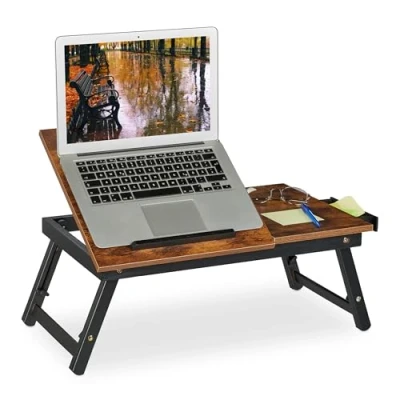 Image of Relaxdays Stand, Couch, Foldable Bed Table, Laptop Riser, Height Adjustable, Bamboo, Dark Brown/Black, 32 x 35 69 cm