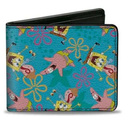 Image of Buckle Down Men&#039;s Nickelodeon Wallet, Bifold, Patrick and Gary Joy Poses Flowers Blues, Vegan Leather, Spongebob Squarepants, 4.0&quot; x 3.5&quot;,